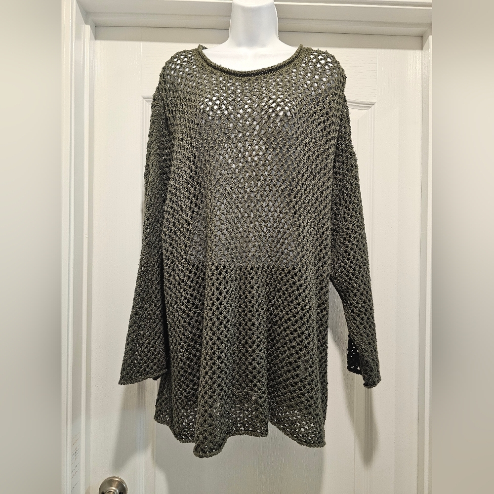 Eileen Fisher Peruvian Organic Cotton Boucle Crew Neck Netted Sweater Top 1X